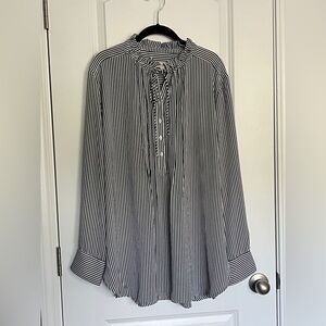 LOFT Navy & White Striped Ruffle Button Tie-Neck Blouse